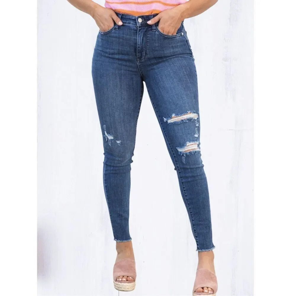 Judy Blue High Rise Skinny Jeans Dark Wash Distressed Stretch Denim Raw Hem NEW